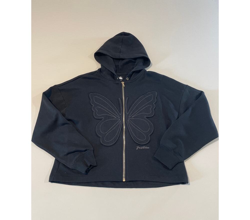 Justice Black Full‑Zip Hoodie Size XL 16/18 NWT Butterfly Detail